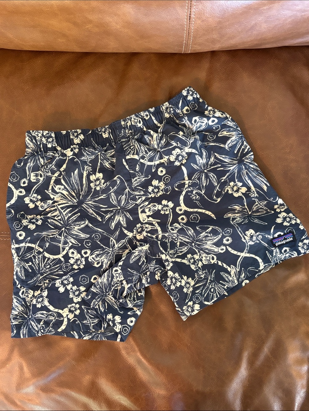 Patagonia Navy and Cream Floral Swim Trunks
